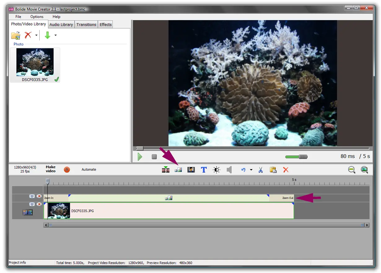 zooming video in Bolide Movie Creator